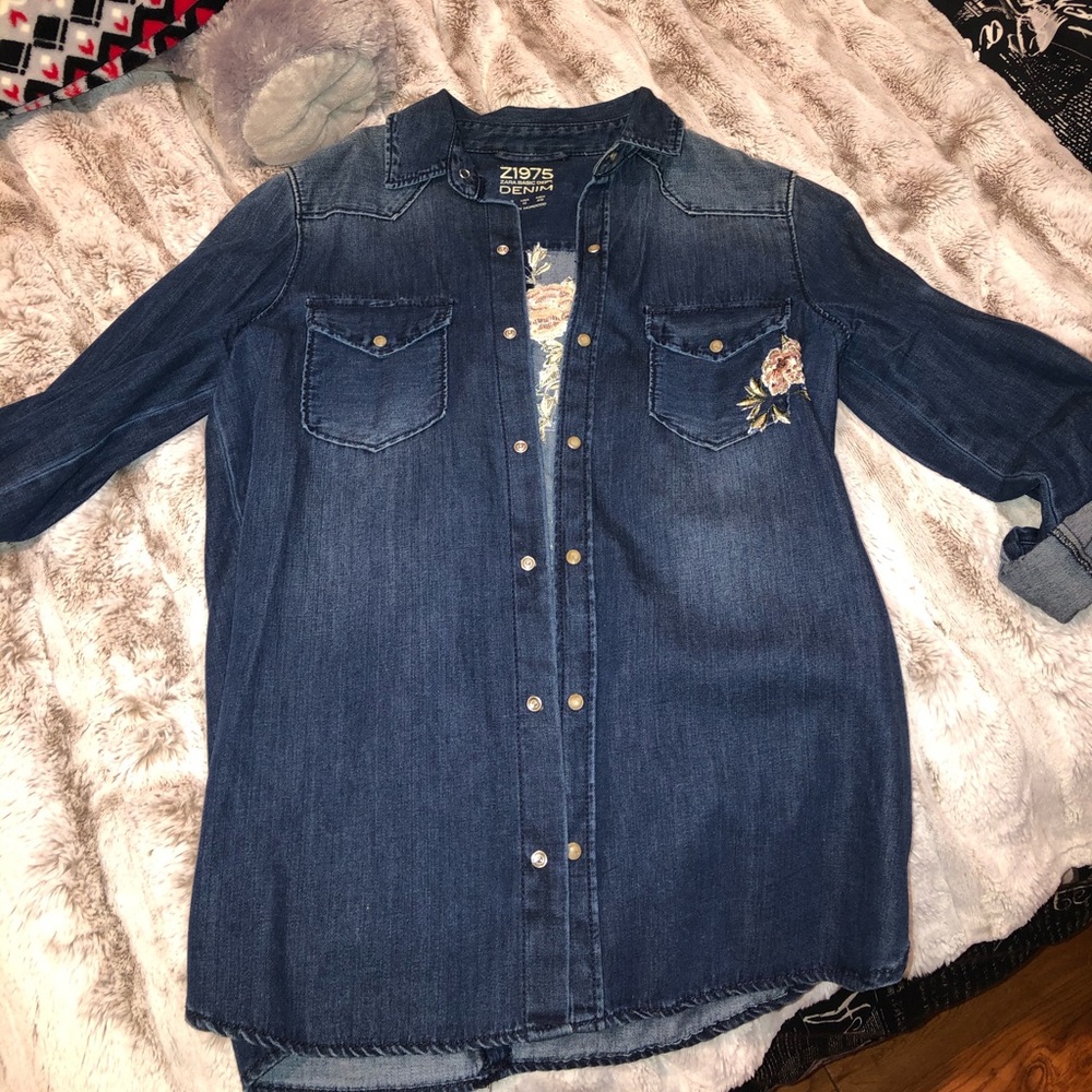 ZARA denim floral button up